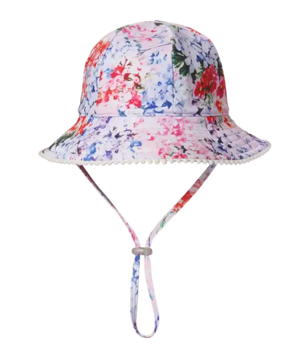 Colorful floral bucket hat with chin strap.