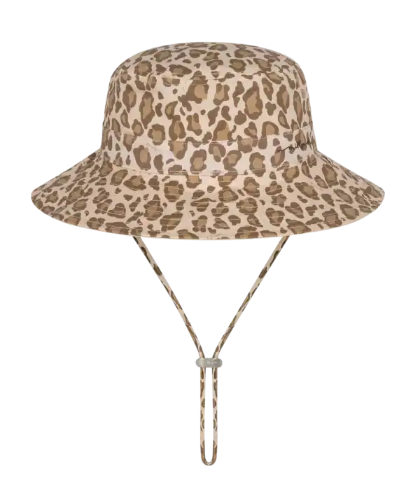 Leopard print bucket hat with chin strap.