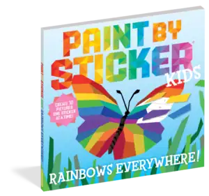 Paint by sticker kids book with rainbow butterfly.