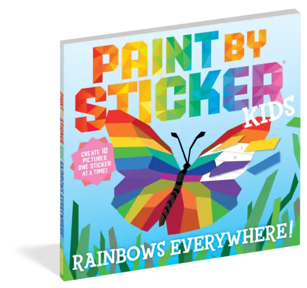 Paint by sticker kids book with rainbow butterfly.