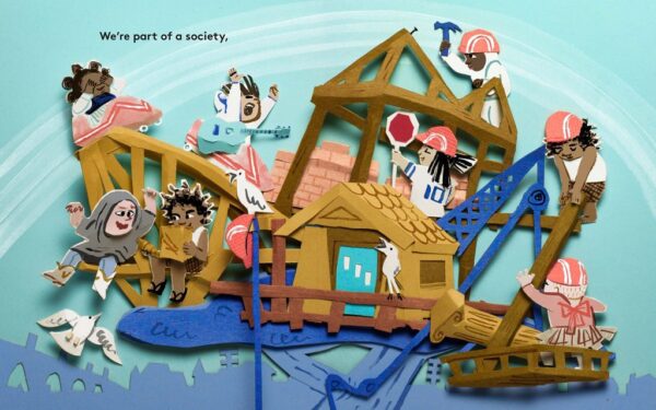 Illustration of diverse people building a house together.