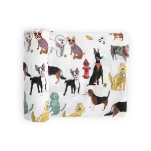 Colorful dog-printed fabric with hydrant design.