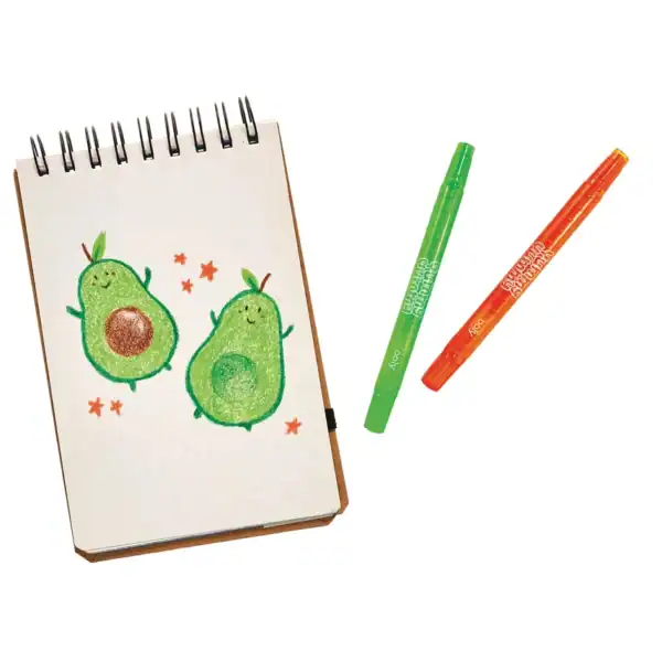 Notebook with avocado drawings and colored markers.