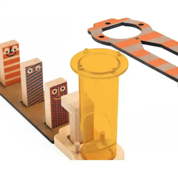 Colorful wooden and plastic construction toy pieces.