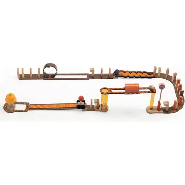 Wooden marble run toy with colorful tracks.