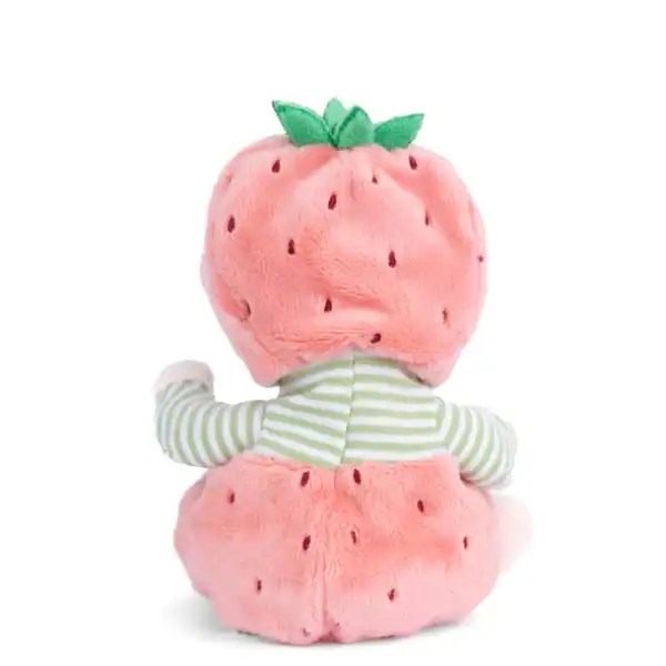 Plush doll in strawberry-themed costume, back view.