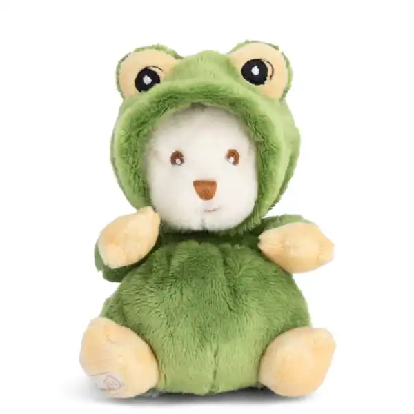 Stuffed bear wearing green frog costume.