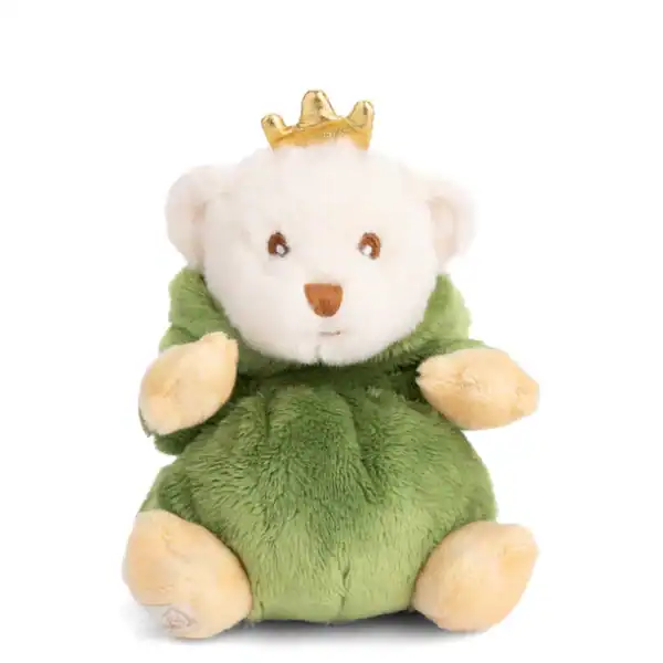 Plush bear with crown and green outfit.