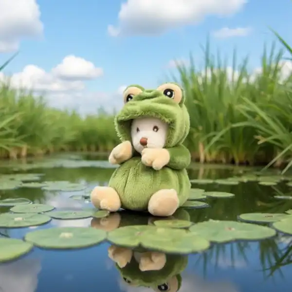 Plush toy in frog costume on lily pads