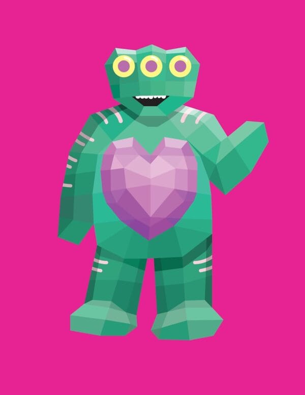 Colorful three-eyed cartoon monster waving