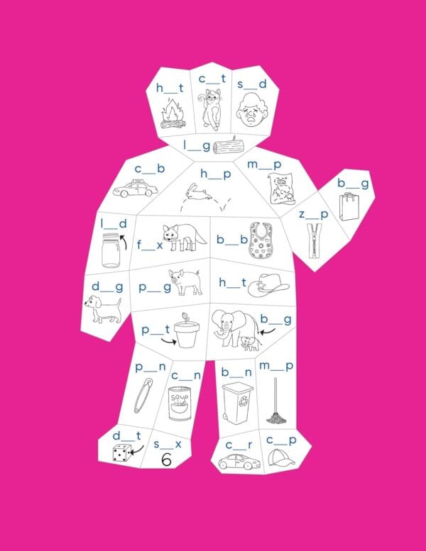 Puzzle with pictures and word completion for kids.