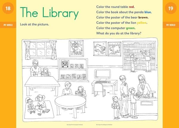 Children reading and coloring in a library scene.