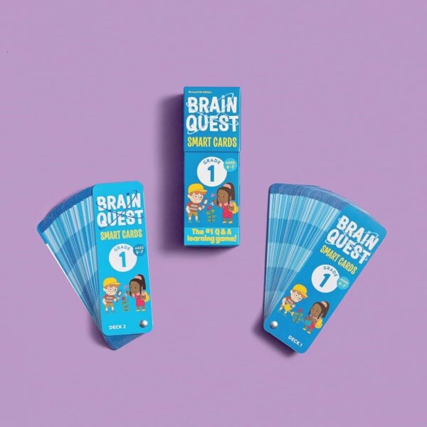 Brain Quest Grade 1 smart cards on purple background.
