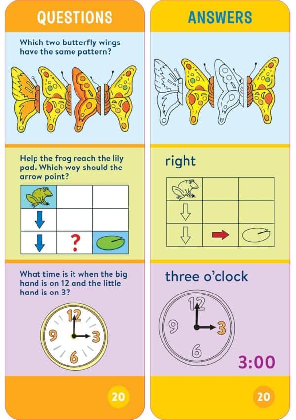 Butterfly patterns, frog puzzle, clock time question.