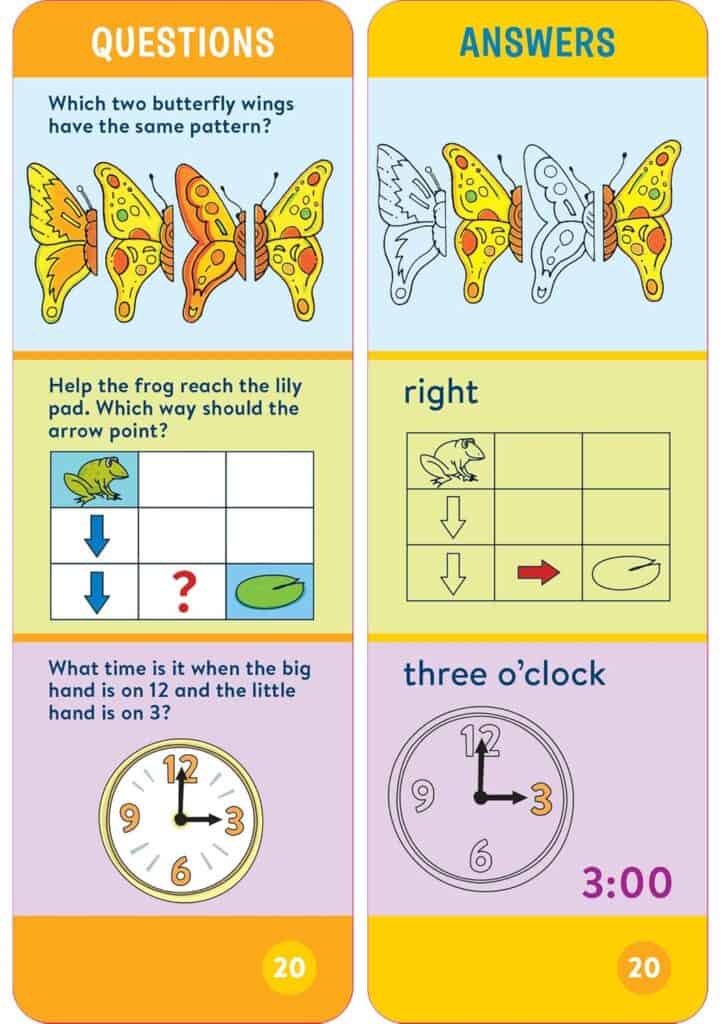 Butterfly patterns, frog puzzle, clock time question.