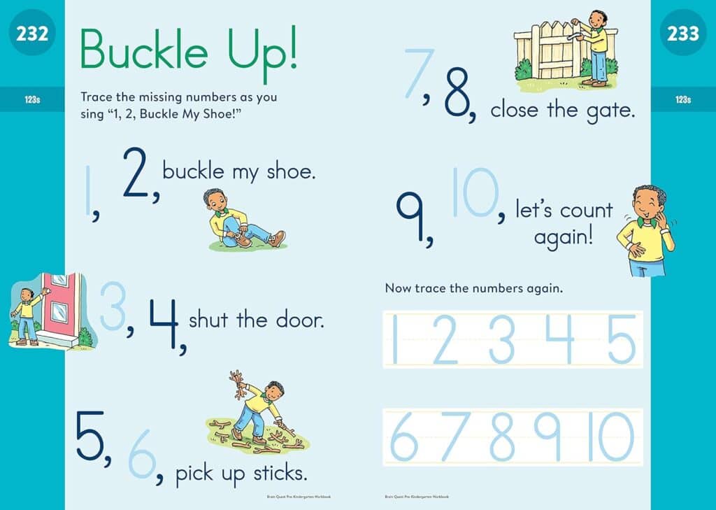 Children's counting rhyme with illustrations and tracing numbers.