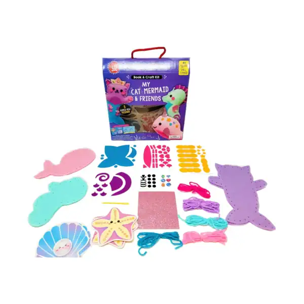 Cat-Mermaid craft kit with colorful components for children.