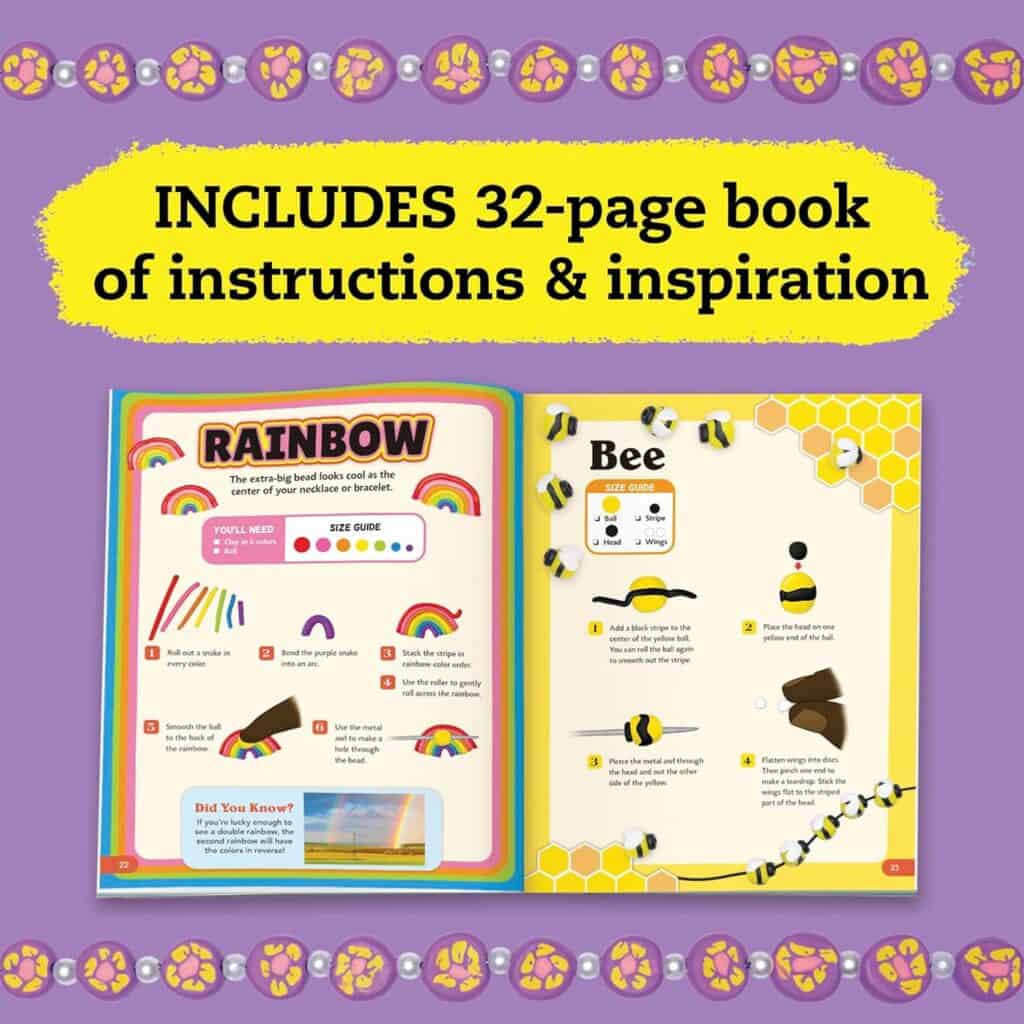 Pages from beading instruction book with rainbow, bee designs.