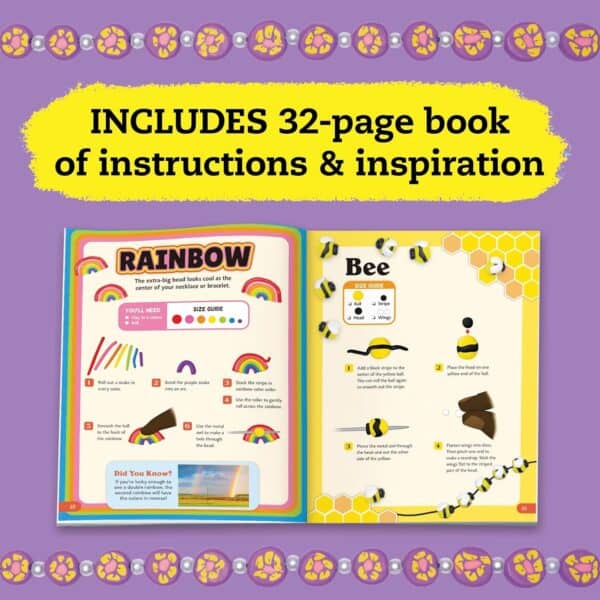 Pages from beading instruction book with rainbow, bee designs.