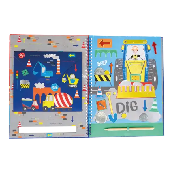 Colorful construction-themed children's activity book pages.