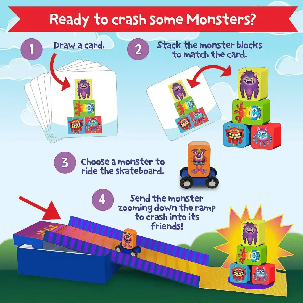 Monster stacking card game with skating ramp.