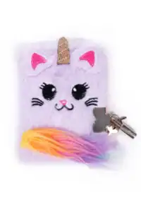 Furry unicorn cat keychain with rainbow tail.