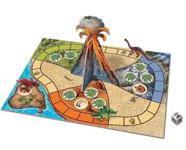 Dinosaur board game with volcano centerpiece.
