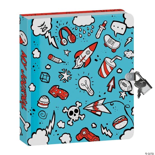 Blue journal with cartoon doodle designs and lock