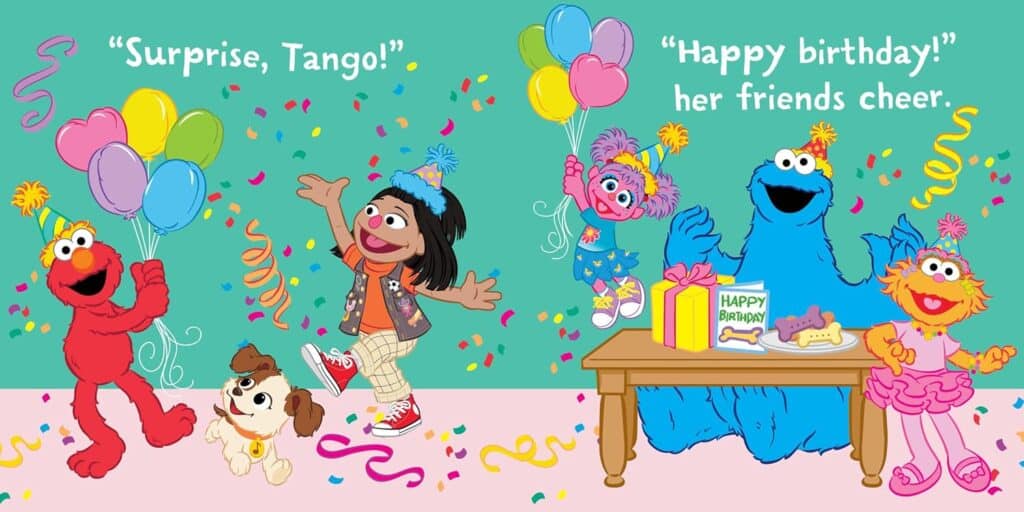 Sesame Street characters celebrate dog's birthday with balloons.