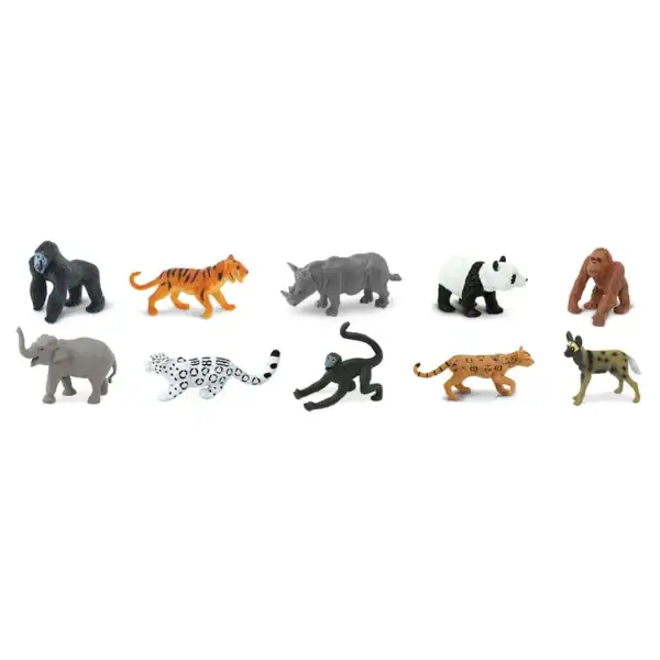 Toy animal figures including tiger, panda, and gorilla.