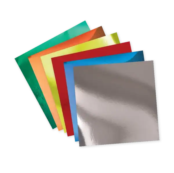 Colorful sheets of reflective paper stacked.