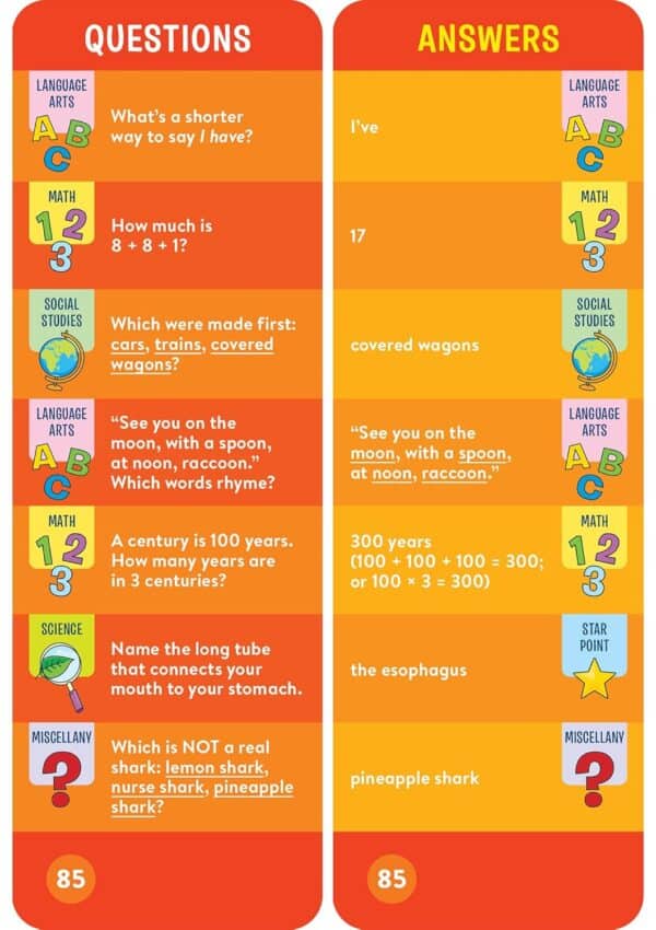 Quiz questions and answers on language, math, science.