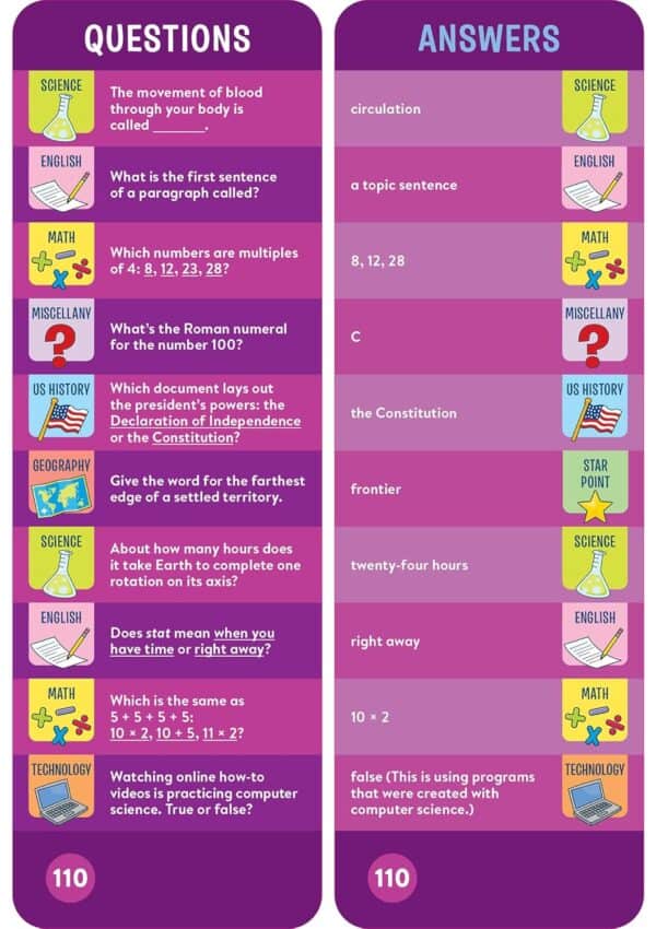 Quiz card with questions and answers on various subjects.