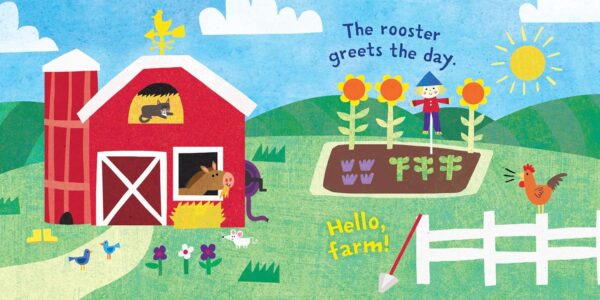 Farm scene with barn, rooster, and garden.
