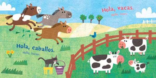Cartoon horses and cows with text 'Hello, animals'.