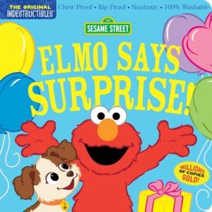 Elmo celebrates with balloons and a gift.