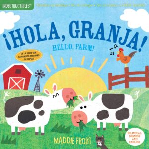 Cover of bilingual farm-themed children's book.