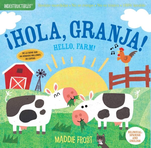 Cover of bilingual farm-themed children's book.