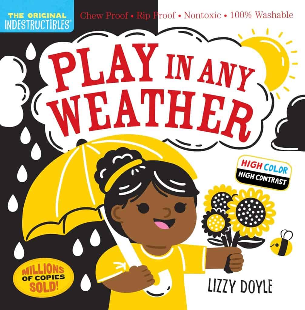 Colorful book cover with child and umbrella.