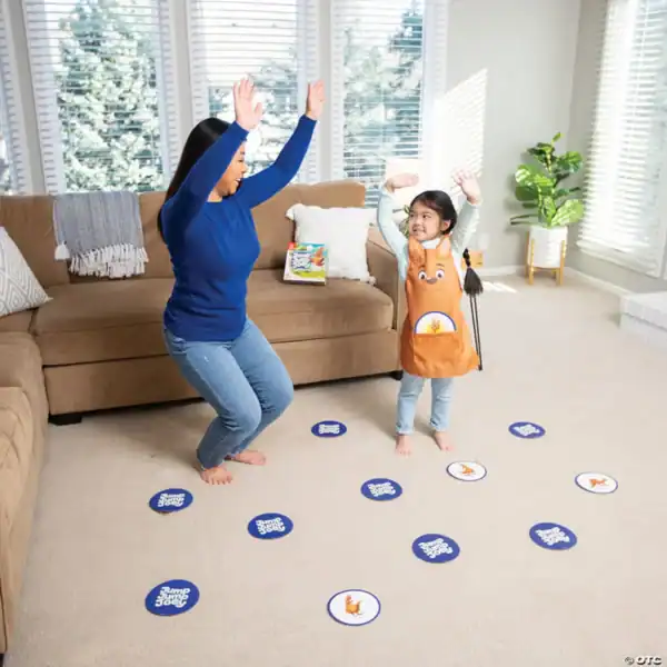 Mother and child playing jumping game indoors.