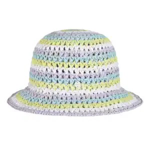 Colorful crocheted bucket hat with stripe pattern.