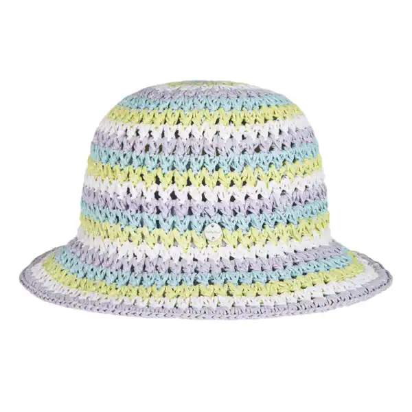 Colorful crocheted bucket hat with stripe pattern.