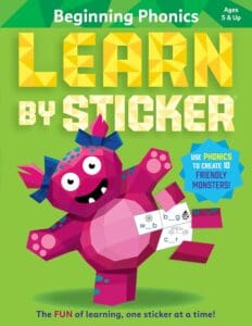 Phonics sticker book with playful monster illustration.