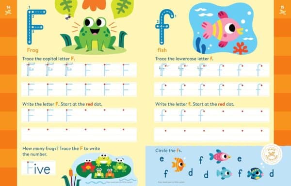 Tracing letters F and f with frog and fish.