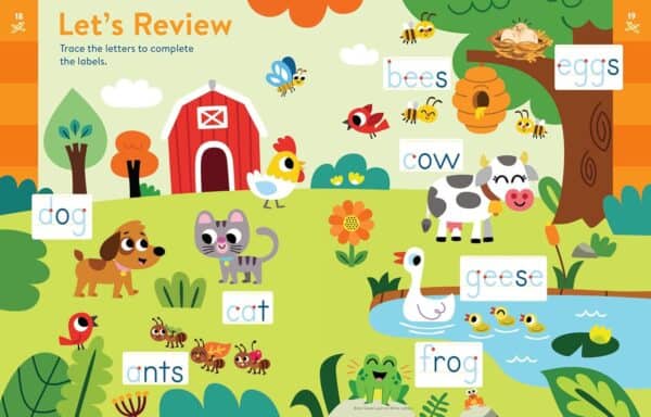 Illustrated farm animals with labeled words for children.
