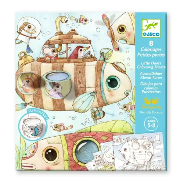 Children's coloring book with submarine illustration.
