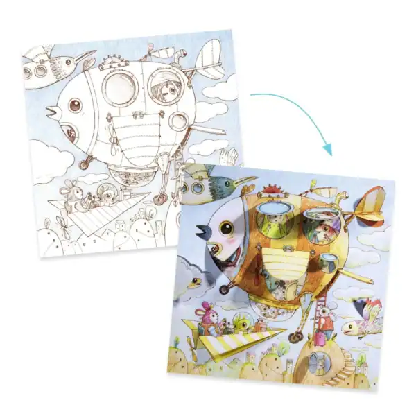 Colorful flying ship illustration with whimsical characters.