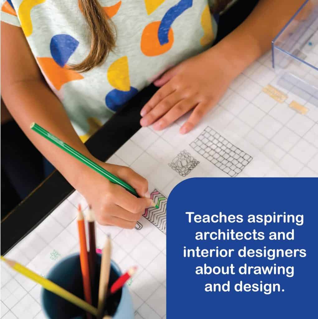 Child drawing architectural designs with colored pencils.