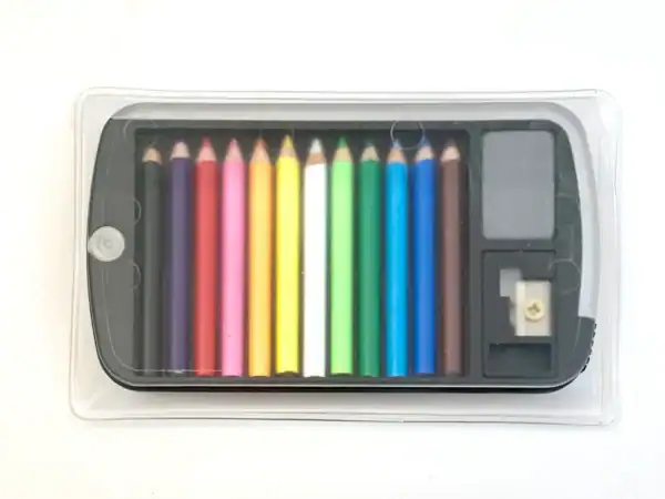 Colorful pencil set with sharpener in case.