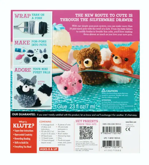 Pom-pom pet craft kit with yarn and instructions.